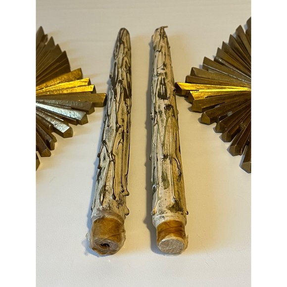 RARE MCM Hollywood Syroco Wood Gold Starburst Wall Sconces with Wood Candles - Picture 8 of 9